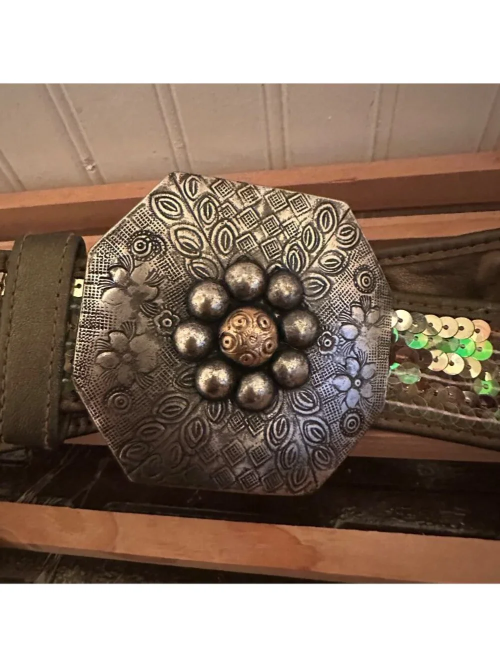 Vintage Y2K Sequin Embellished Leather Belt With Silver Floral Buckle